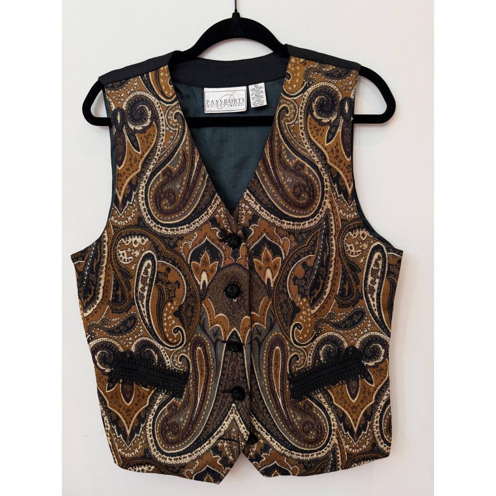Passports Pier 1 Imports Vintage Paisley Tapestry Vest Brown Gold Beaded Mens L